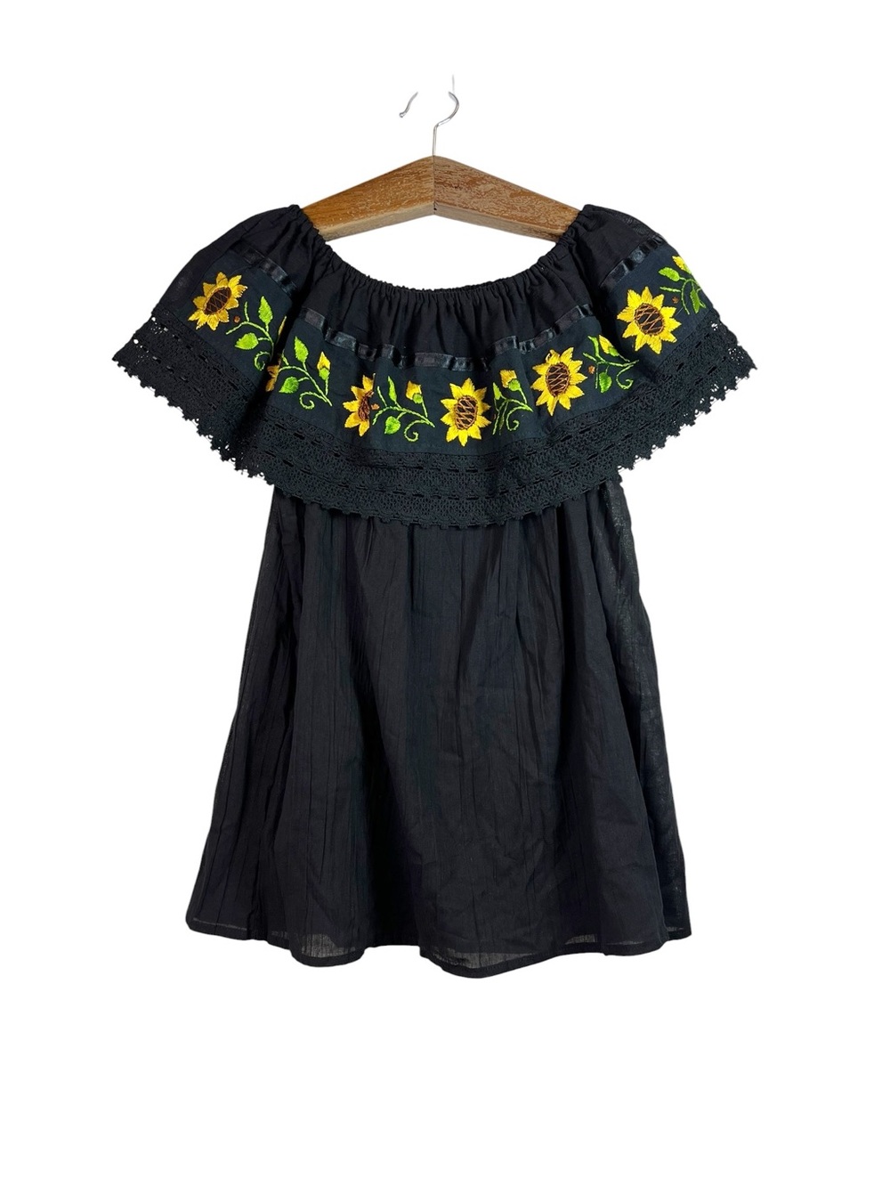 Mexican Embroidered Sunflower Black Off Shoulder Blouse Cotton M/L Boho Artsy
